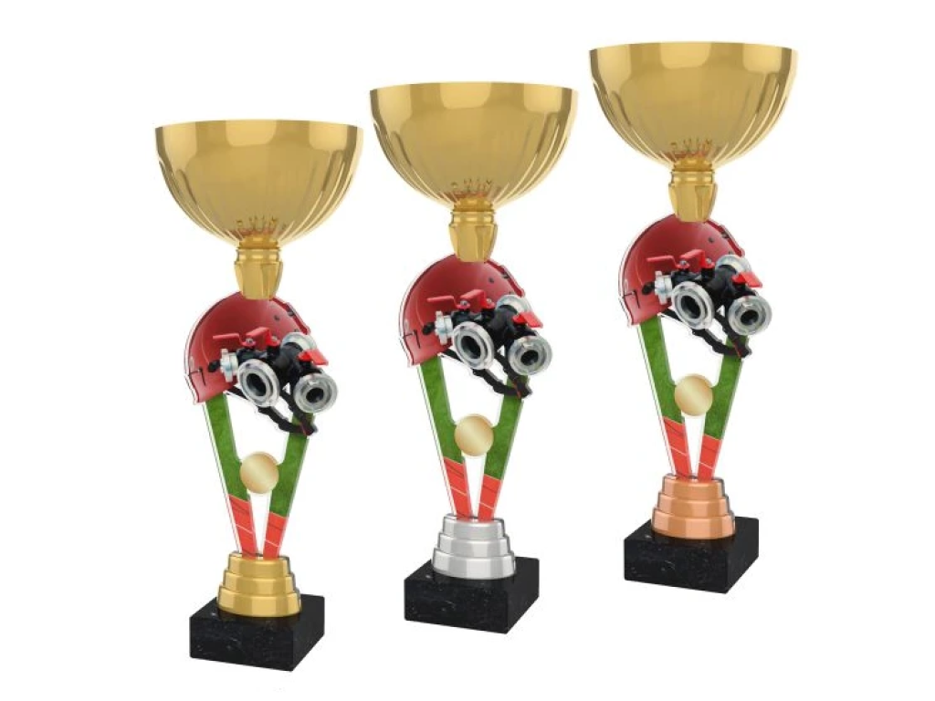 Barevná akrylátová trofej s držákem v motivu hasičské hadice ACUPGOLDM53