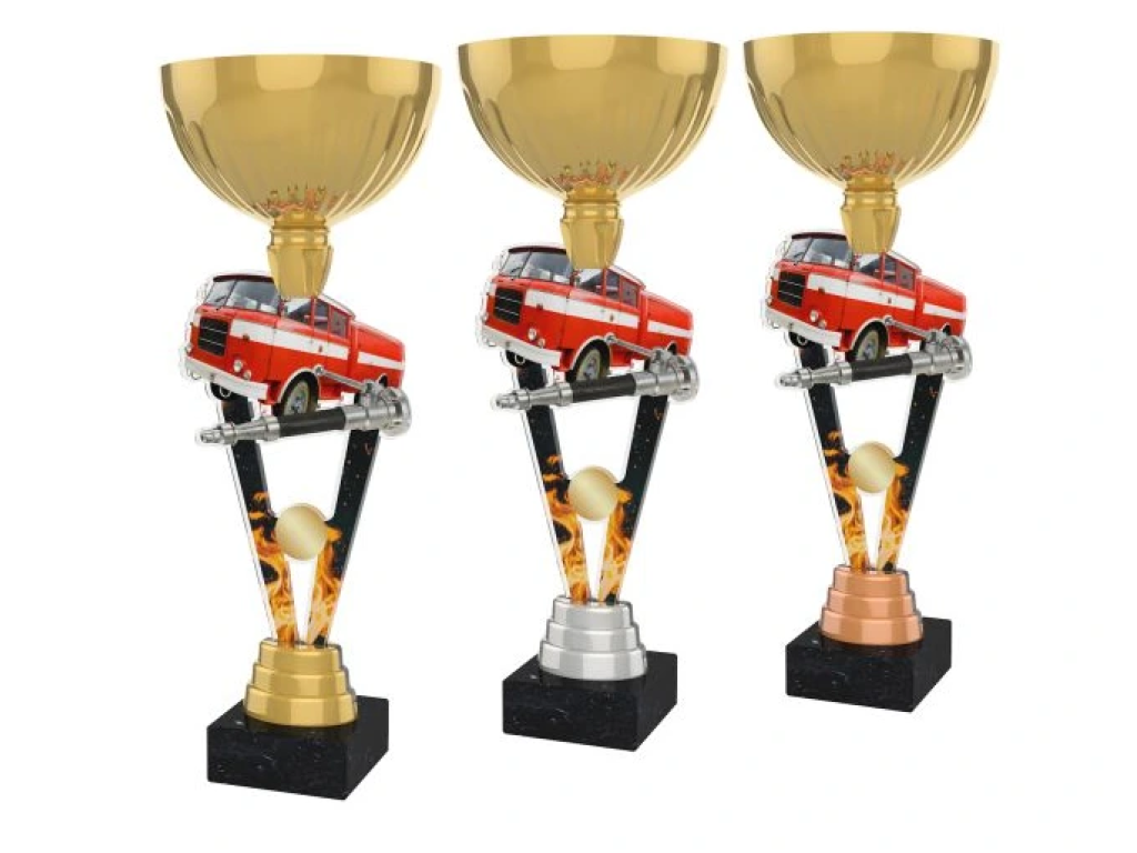 Barevná akrylátová trofej s držákem v motivu hasičského auta ACUPGOLD M50