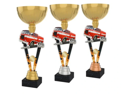 Barevná akrylátová trofej s držákem v motivu hasičského auta ACUPGOLD M50