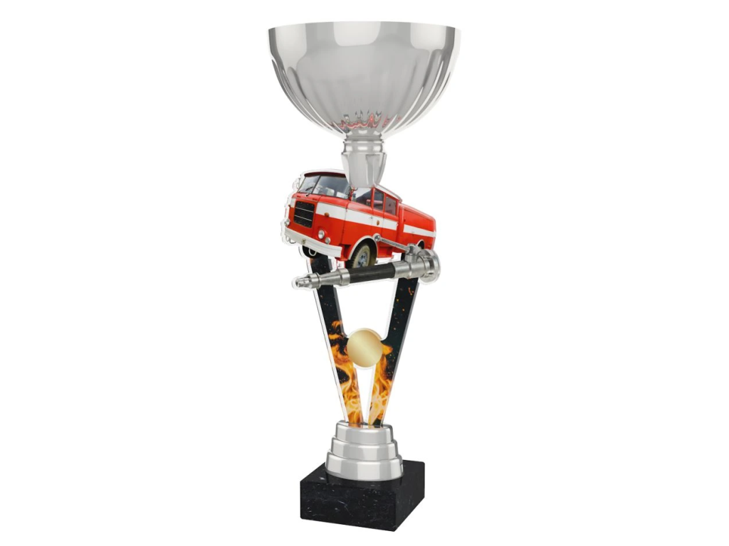 Barevná akrylátová trofej s držákem v motivu hasičského auta ACUPSILVM50