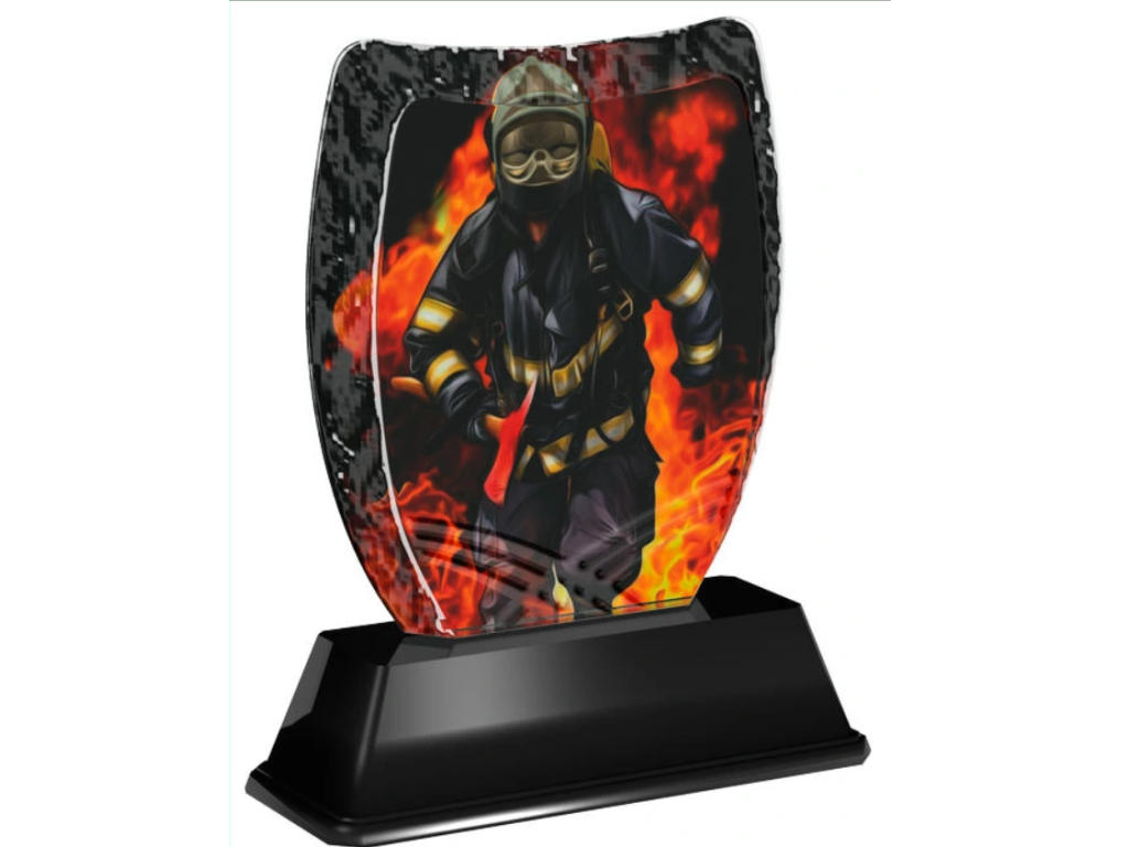 Barevná akrylátová trofej s hasičem v ohni ACE2018M48