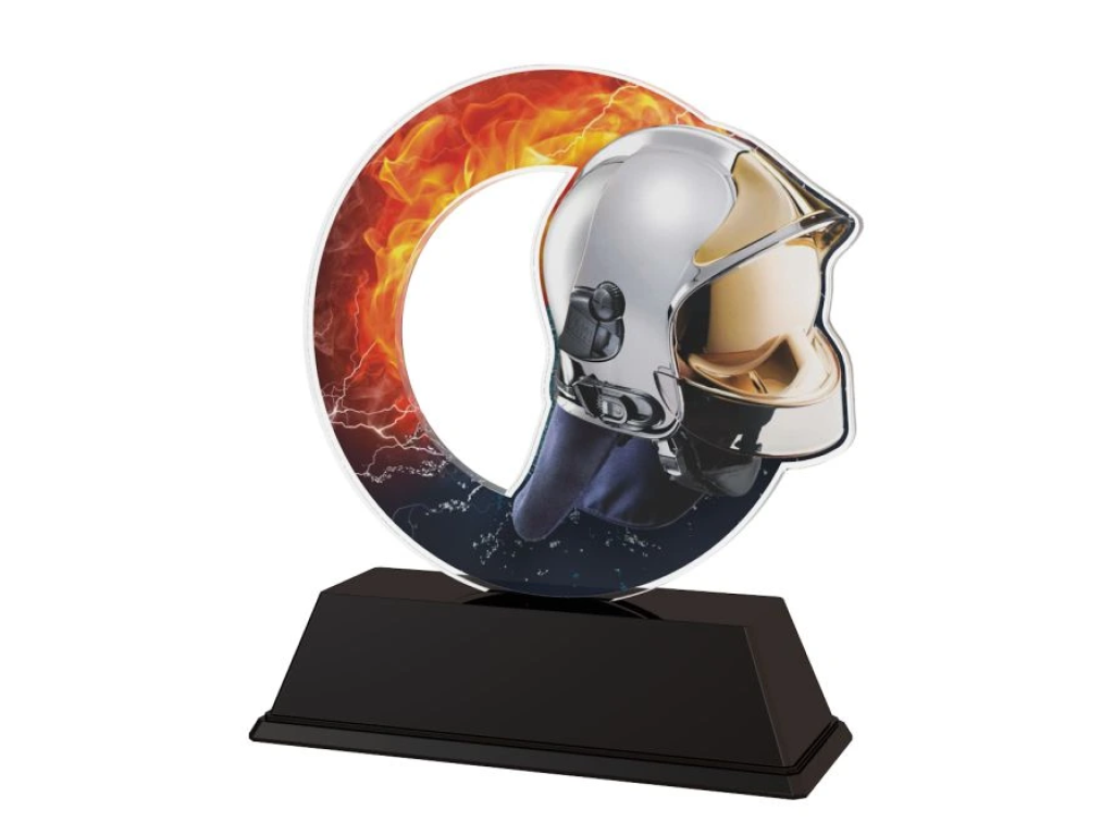 Barevná akrylátová trofej s hasičkou helmou a ohněm ACLC2101M40
