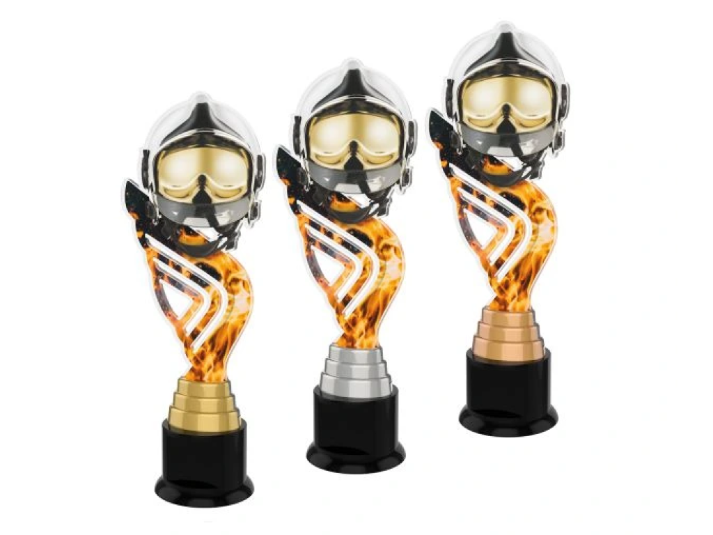Barevná akrylátová trofej s hasičskou helmou a držákem v motivu ohně ACTA1M22