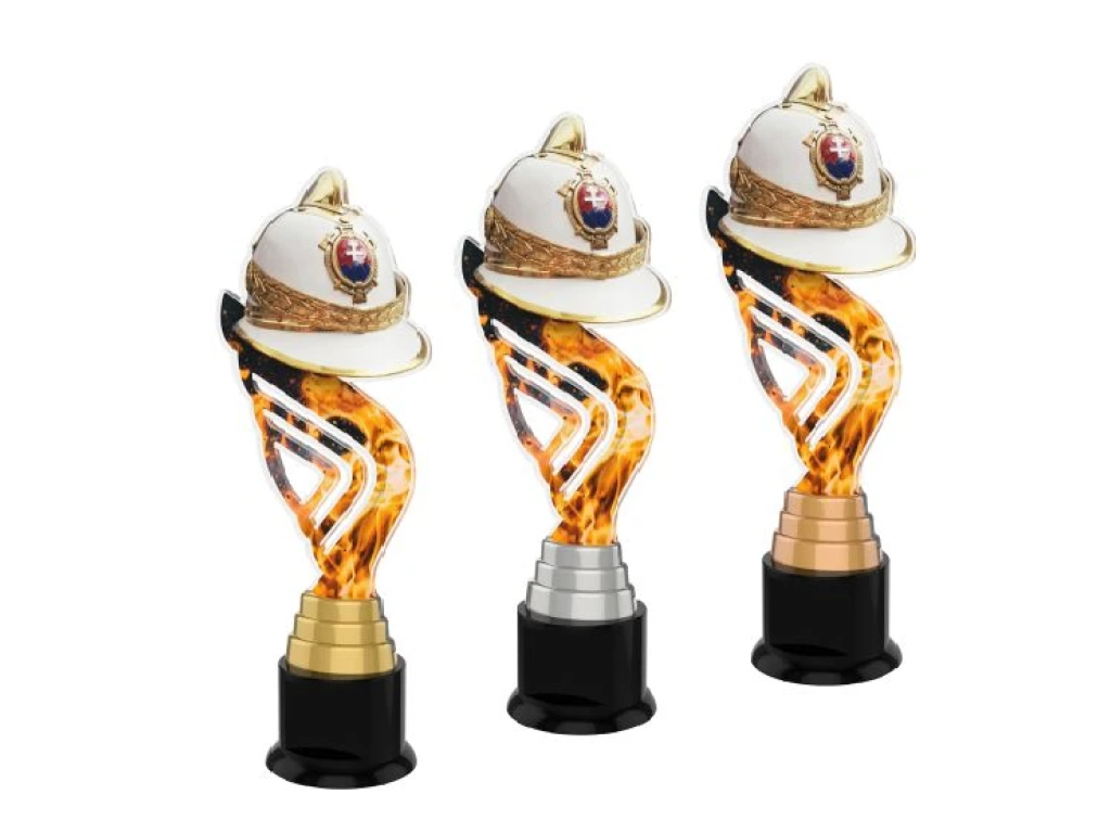 Barevná akrylátová trofej s hasičskou helmou a držákem v motivu ohně ACTA001M23