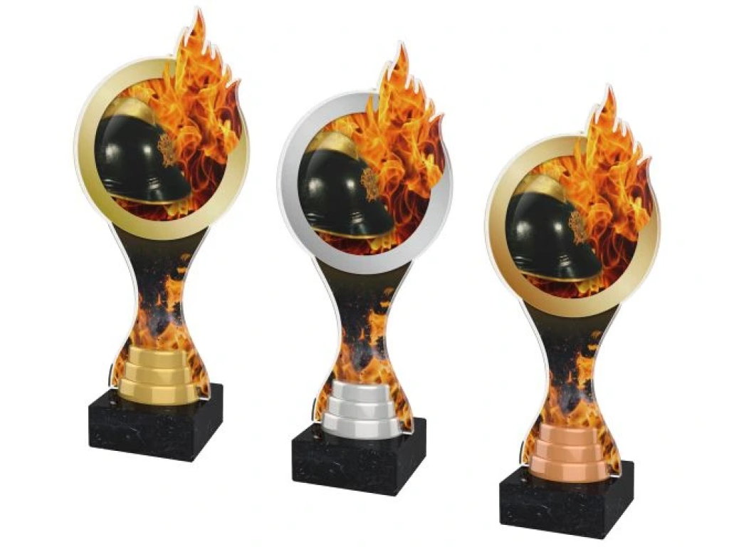 Barevná akrylátová trofej s hasičskou helmou a ohněm ACBTM23
