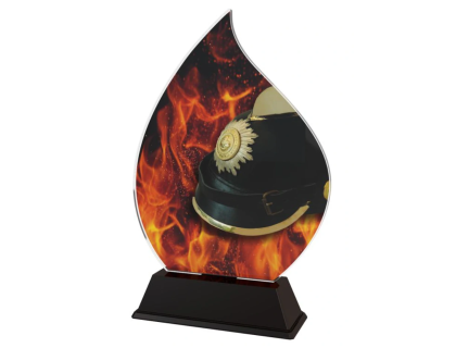 Barevná akrylátová trofej s hasičskou helmou a ohněm ACFIREM3