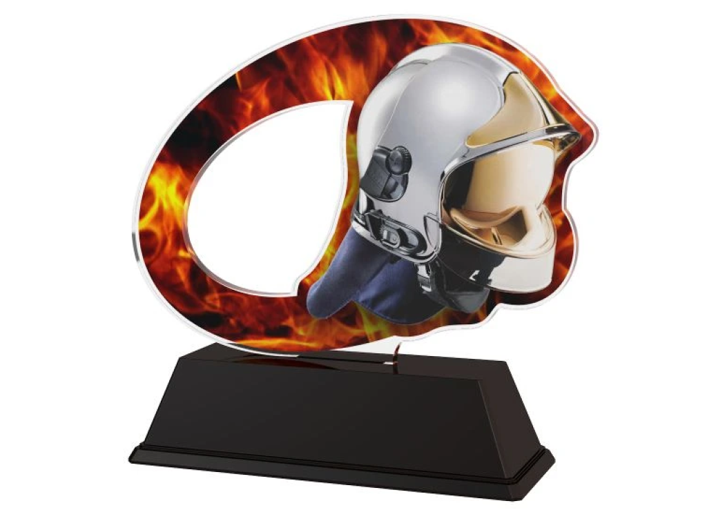 Barevná akrylátová trofej s hasičskou helmou a ohněm ACLC2102M31