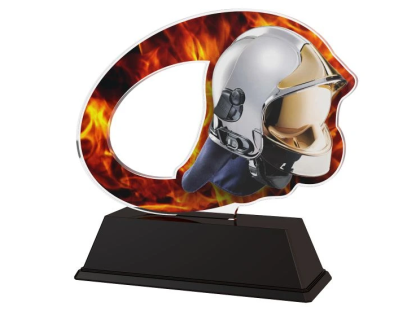 Barevná akrylátová trofej s hasičskou helmou a ohněm ACLC2102M31