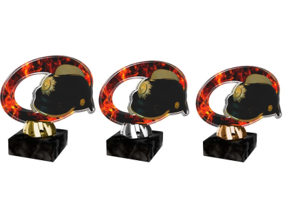 Barevná akrylátová trofej s hasičskou helmou a ohněm ACL2102M42