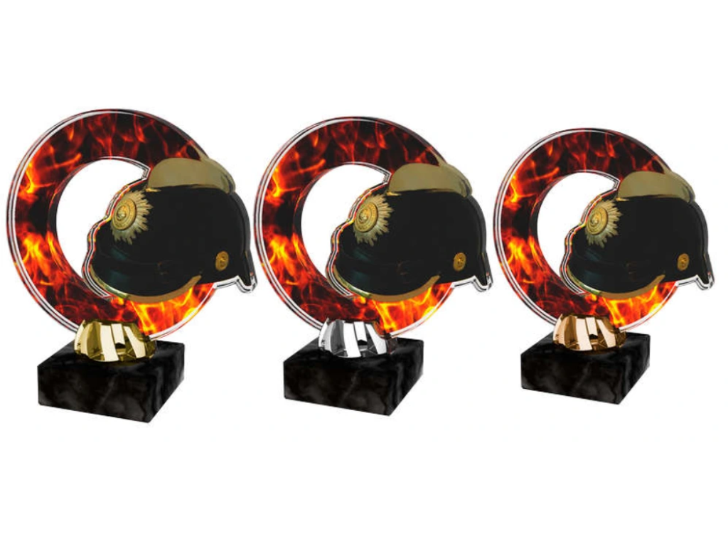 Barevná akrylátová trofej s hasičskou helmou a ohněm ACL2101M40