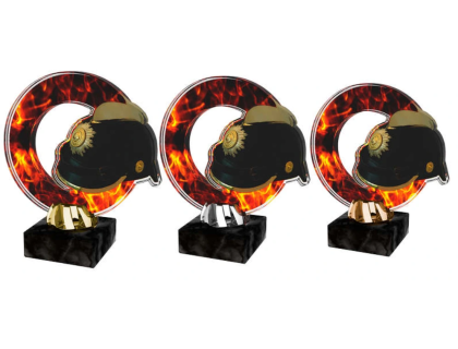 Barevná akrylátová trofej s hasičskou helmou a ohněm ACL2101M40