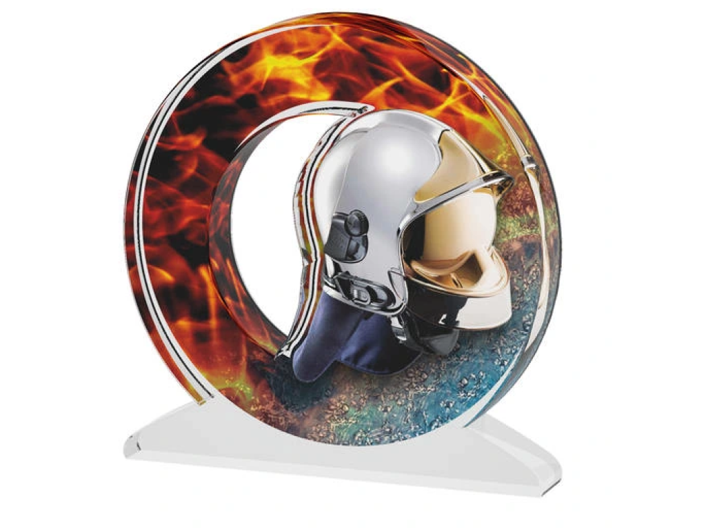 Barevná akrylátová trofej s hasičskou helmou a ohněm ACTW0200M9