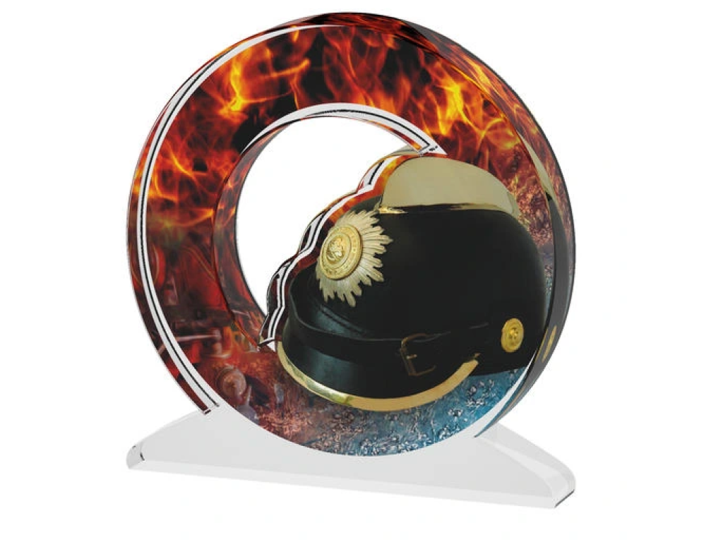 Barevná akrylátová trofej s hasičskou helmou a ohněm ACTWH02001