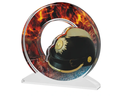 Barevná akrylátová trofej s hasičskou helmou a ohněm ACTWH02001