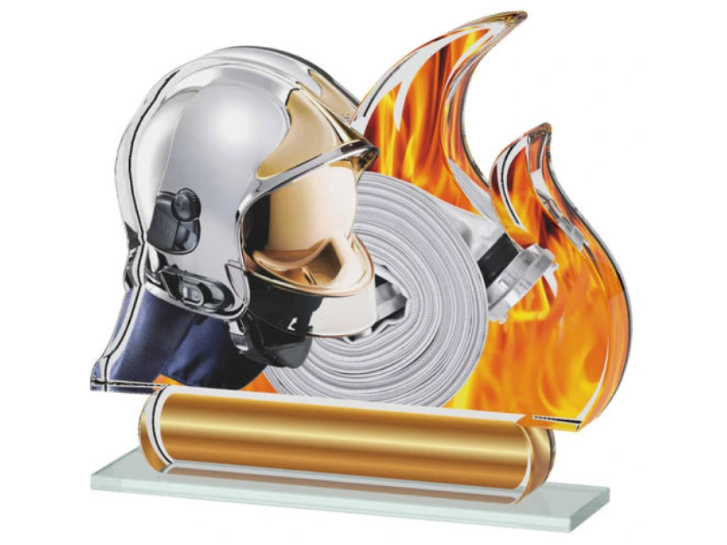 Barevná akrylátová trofej ve tvaru plamene s hasičskou helmou a hadicí ACTS0200M9