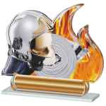Barevná akrylátová trofej ve tvaru plamene s hasičskou helmou a hadicí ACTS0200M9