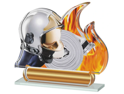 Barevná akrylátová trofej ve tvaru plamene s hasičskou helmou a hadicí ACTS0200M9