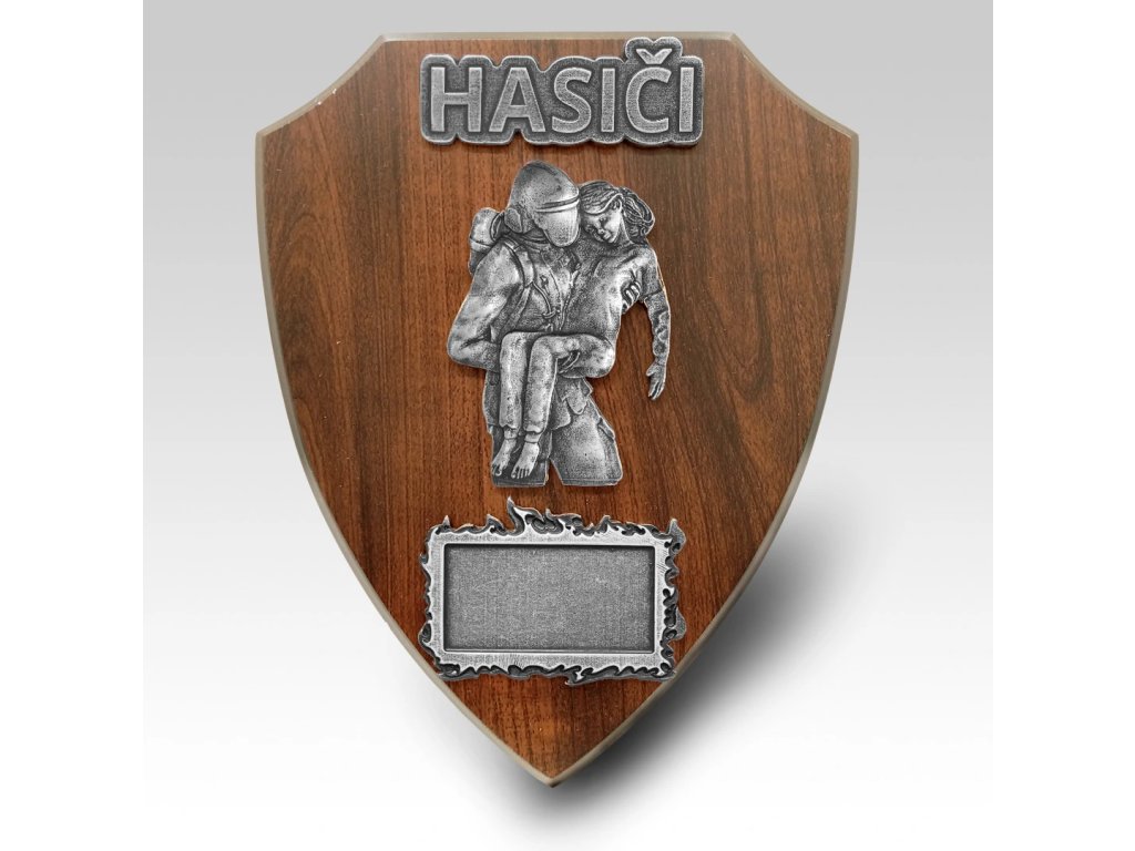 Dřevěná plaketa erb hasič zachraňuje dítě 22,5x18cm