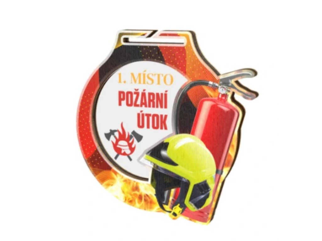 Hasičská medaile 70mm s hasičskou helmou a hasičským přístrojem MDAW001M04