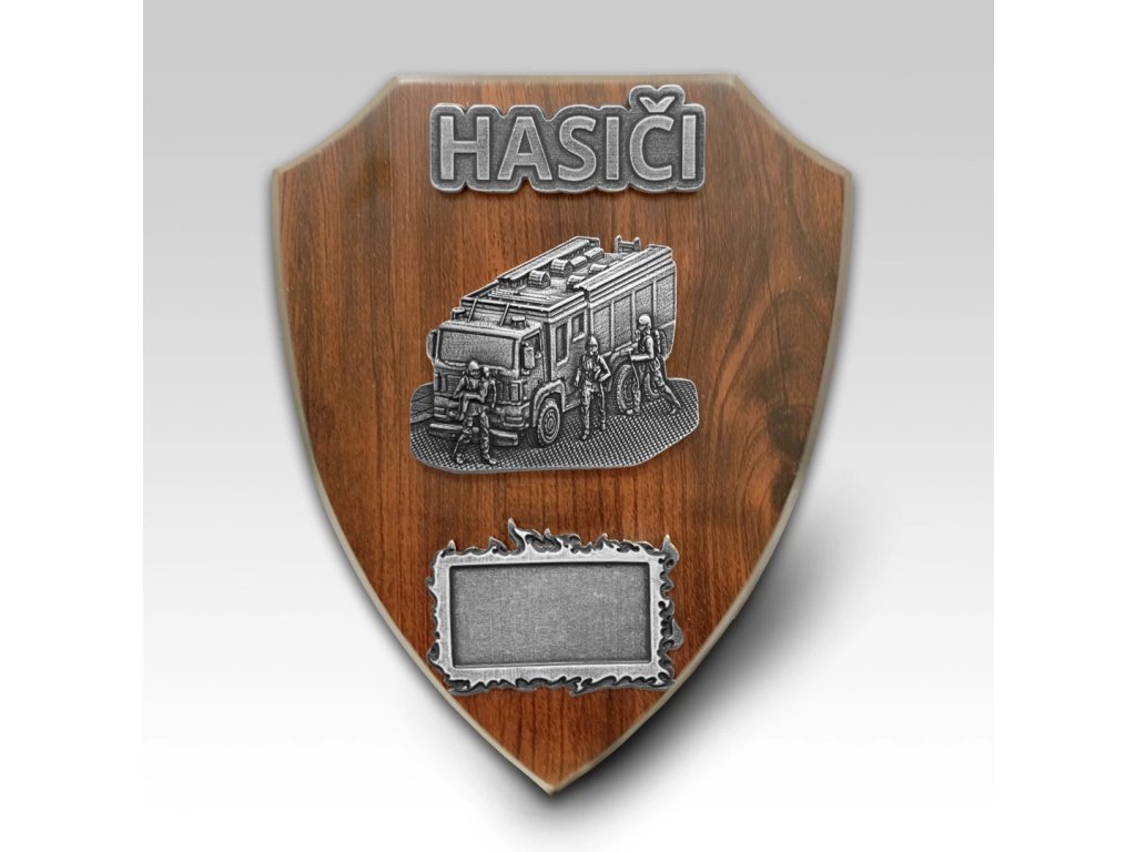 Velká dřevěná plaketa erb hasiči v akci 22,5x18cm